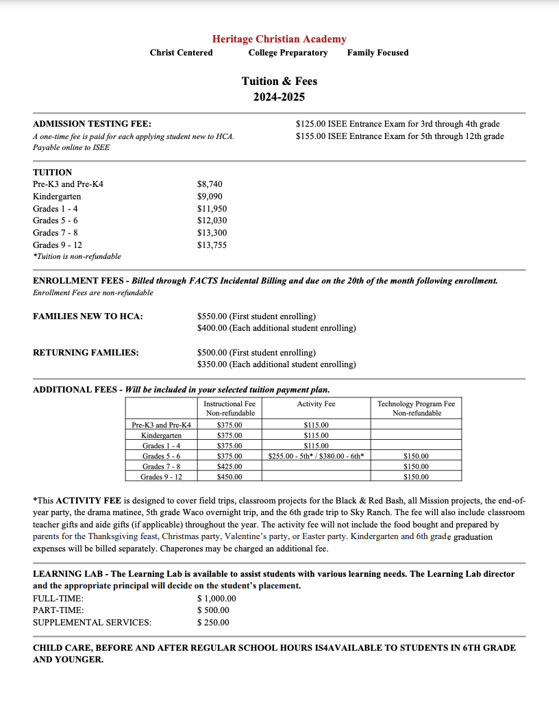 20242025 Tuition and Fees Heritage Christian Academy